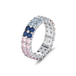 Elegant S925 sterling silver ring with double-row colorful gemstones on white background