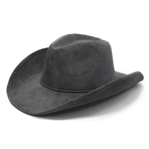 Detailed view of dark grey faux suede cowboy hat with stitching on the wide brim