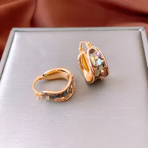 Huggie Hoop Earrings Vintage 18K Gold Plated Copper With Colorful Abalone Shell Zircon And Steel Earring Post
