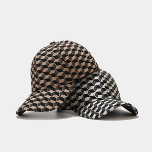 3D geometric jacquard baseball cap with cubic pattern in brown and white variants