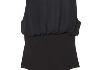 Detail of black bodysuit featuring sheer georgette patchwork and sleek elastic knit fabric