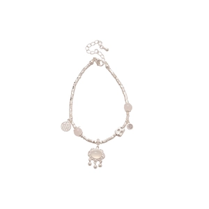 Chinese retro silver beaded bracelet with pink jade stones and lucky charm lock pendant