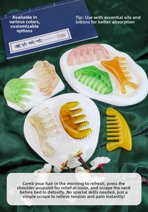 Macro detail of wide-tooth meridian massage combs in various resin colors and wave shapes