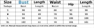Detailed size guide table for women pleated shirt and skirt set showing bust and waist data