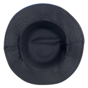 Detailed inner view of navy cotton bucket hat with reinforced circular stitching on the brim