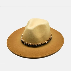 Wide Flat Brim Vintage Fedora Jazz Hat Wool Felt Gradient Two Tone Metal Chain For Men Women Fashion Outdoor