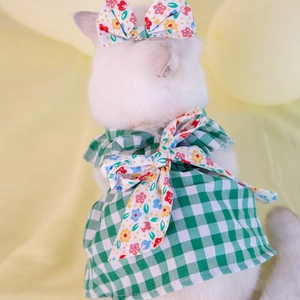 Pet Dress Plaid Floral Bow Polyester Fabric Sweet Cute Holiday Clothes For Small Dogs Cats With Matching Accessory