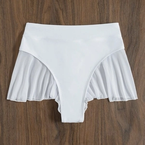 White high-waisted bikini bottoms featuring mesh ruffled side panels on wood background