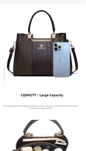 Detail view of brown vintage handbag showing large interior capacity and compartments
