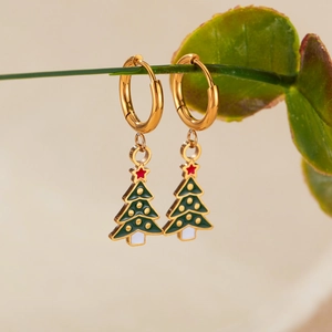 Festive gold titanium Christmas tree earrings with green oil drip on plant branch