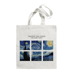 Van Gogh Starry Night art print white canvas tote bag with artistic six-grid design