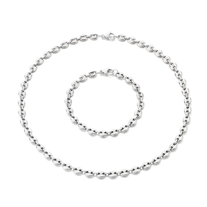 Polished silver stainless steel coffee bean chain necklace and bracelet jewelry set