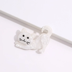 Cute white acrylic cat brooch with pearlescent shell texture in a stretching pose