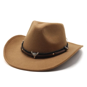 Detail of western wool hat featuring silver bull head emblem and studded leather band