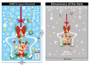 Detailed size chart for Christmas deer and snowflake window stickers in red and green