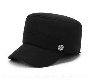 Close-up of black wool flat top military hat with silver star button detail for men