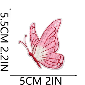 Detailed size chart showing pink and white butterfly embroidery patch 5.5cm x 5.0cm