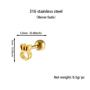 Detail view of golden bunny stud earring with dimensions and 316 stainless steel material specs