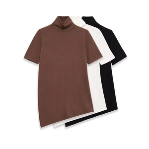 T-Shirt Tricoté Femme Ourlet Asymétrique Col Montant Manches Courtes Couleur Unie Décontracté Streetwear Top