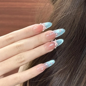 Long Almond Press On Nails Gradient Blue Pink Cat Eye With 3D Bow Leopard Print Rhinestone Artificial Pearl Sweet Cool Style Women