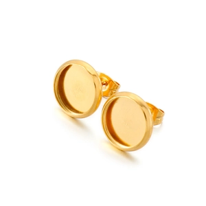 Macro shot of gold stainless steel round bezel stud earring bases for DIY jewelry making