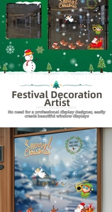 Detail of Christmas window stickers featuring Santa, reindeer, and snowflakes on glass