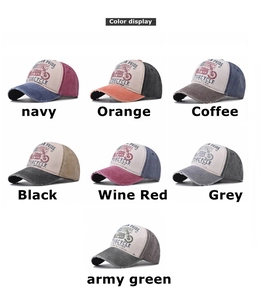 Detailed grid of vintage distressed cotton baseball caps in seven assorted colors