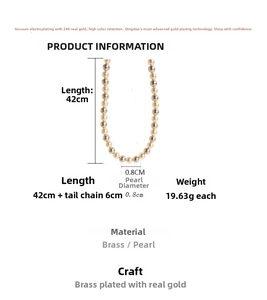 Detail showing 8mm two-tone pearl necklace specifications with dimensions and materials