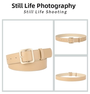 Detail view of beige leather belt with gold square buckle and precise stitching