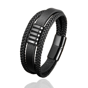 Handmade multilayer braided black leather bracelet with magnetic polished metal clasp