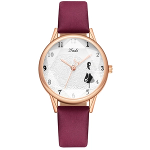 Women's quartz watch with burgundy leather strap and rose gold round metal case