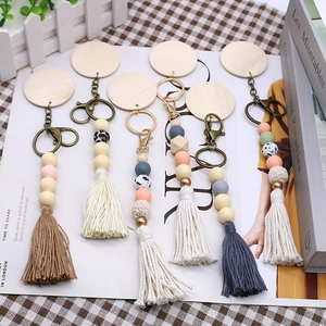 Set of 6 Boho silicone bead keychains with wooden discs and handmade cotton tassels