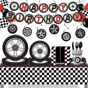 Racing Car Theme Birthday Party Supplies Paper Plates Cups Napkins Checkered Flag Banner Tablecloth Plastic Cutlery Decorations