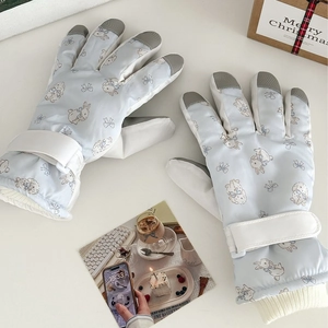 Waterproof light blue ski gloves with cute bunny print and touch screen fingertips