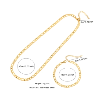 Golden stainless steel Figaro chain set with precise length measurements in inches