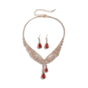 Sparkling waterdrop jewelry set with red gemstones and crystals in rose gold finish