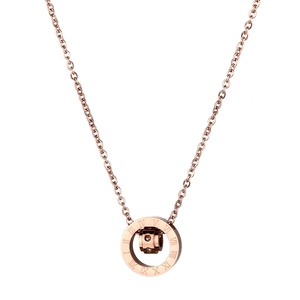 Rose gold titanium steel necklace featuring a double-ring pendant with Roman numerals