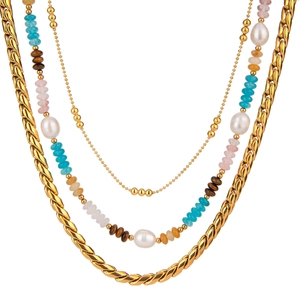 Three-layer 18k gold plated stainless steel necklace with natural stones and pearls