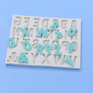 Alphabet silicone mold for DIY baking with light blue 3D letter shapes and stripes