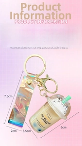 Detail view of cat milk cap bubble tea keychain with dimensions 6x3.5cm weighing 39g