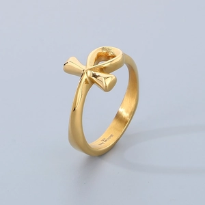 Detailed close-up of 316L stainless steel Ankh cross ring with gold finish in a macro view