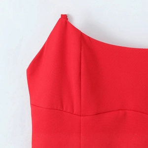 Front view of a red pleated strap dress featuring a slim waist and high-quality fabric texture
