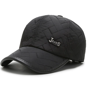 Black quilted winter baseball cap with geometric pattern and padded ear protection