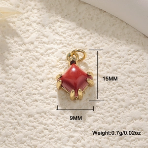 Detail of red square gemstone pendant in 18K gold plating with 15x9mm size specs