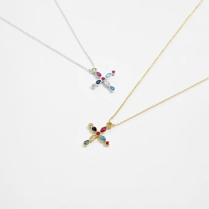Elegant S925 sterling silver cross necklace with colorful zircon gemstones in gold and silver