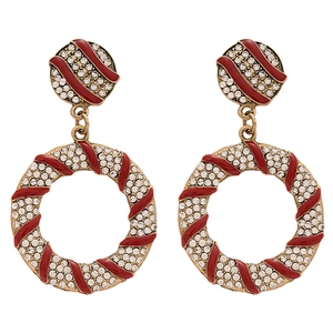 Vintage gold hoop earrings with red enamel stripes and sparkling crystals for women