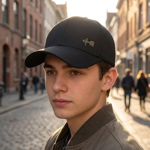 Men's black baseball cap with golden Chinese calligraphy logo on outdoor street background