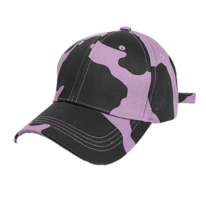 Purple and black cow print baseball cap with curved brim and adjustable back strap