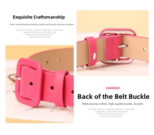 Detail of pink leather belt with square leather-wrapped buckle and premium stitching