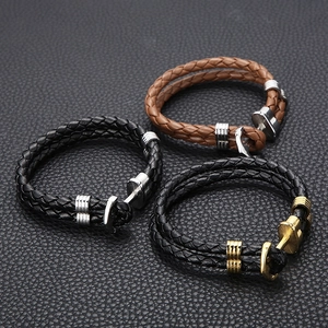 Men's double-layer braided leather anchor bracelets in black and brown with metal clasp